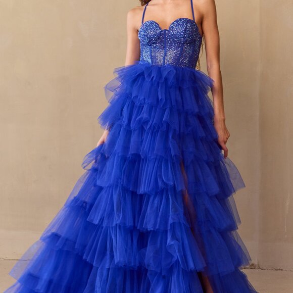 Beaded new long pageant ball gown. Prom gala black tie military formal dress - Picture 3 of 6